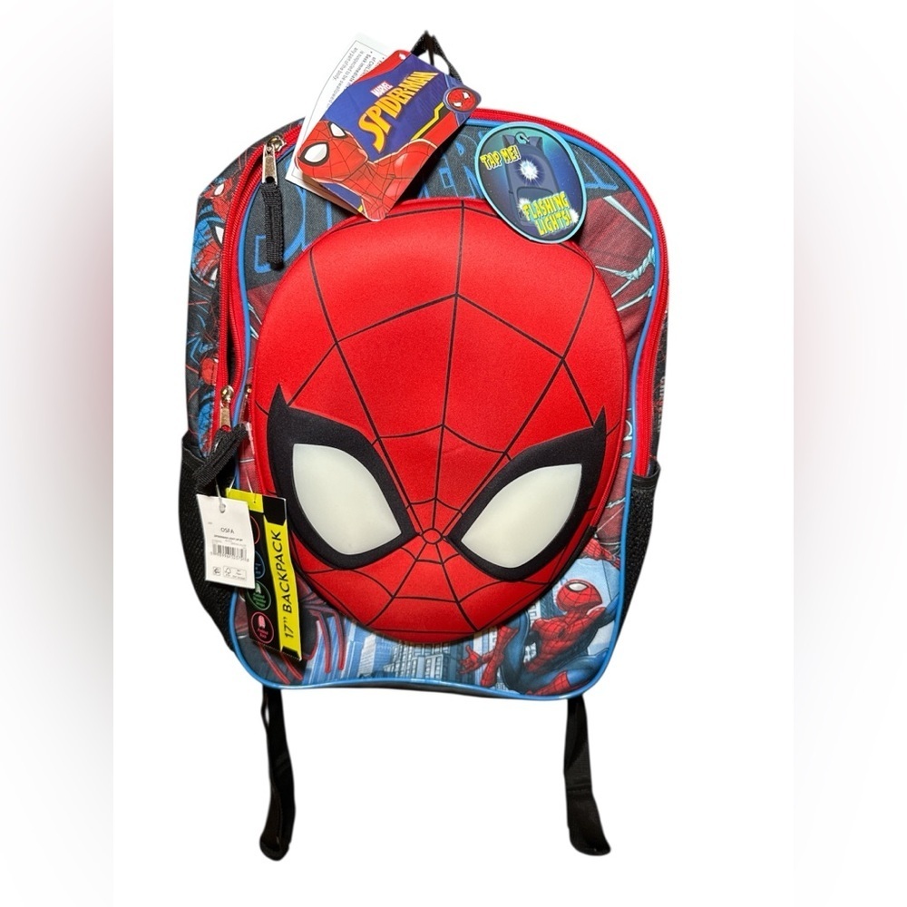 NEW- Marvel SpiderMan Mask Boys Light-Up 17" Backpack 3D Face Black & Red Kids